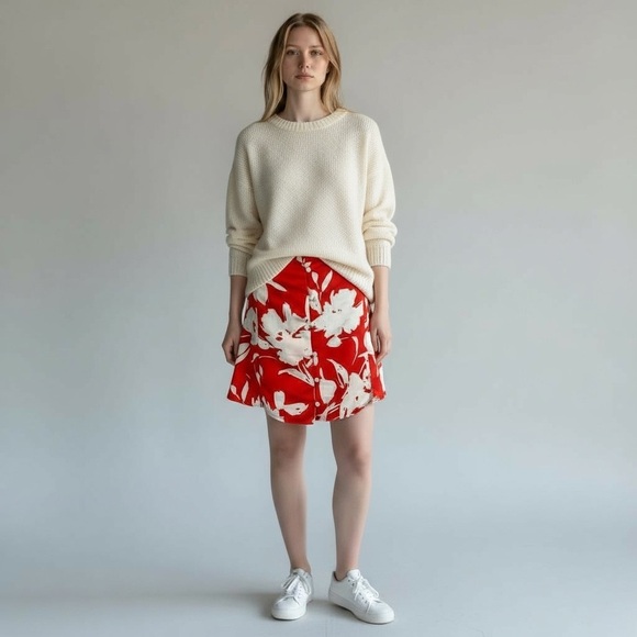 Vintage Silk Red & White Floral Mini Skirt With Buttons - Picture 1 of 16